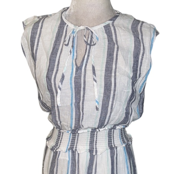 Rails Ashlyn Aegean Blue & White Striped Linen Blend Tie Neck Midi Dress - XS - Picture 7 of 16